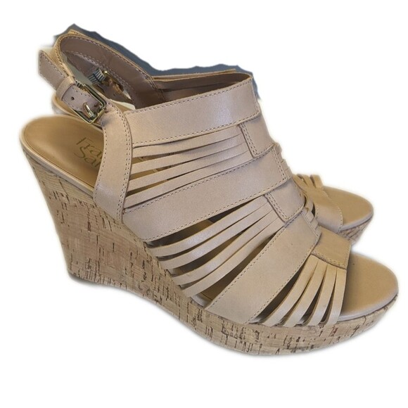 Franco Sarto nude strappy sandals, leather upper, 4.5" wedge heel, 9 - Picture 4 of 7